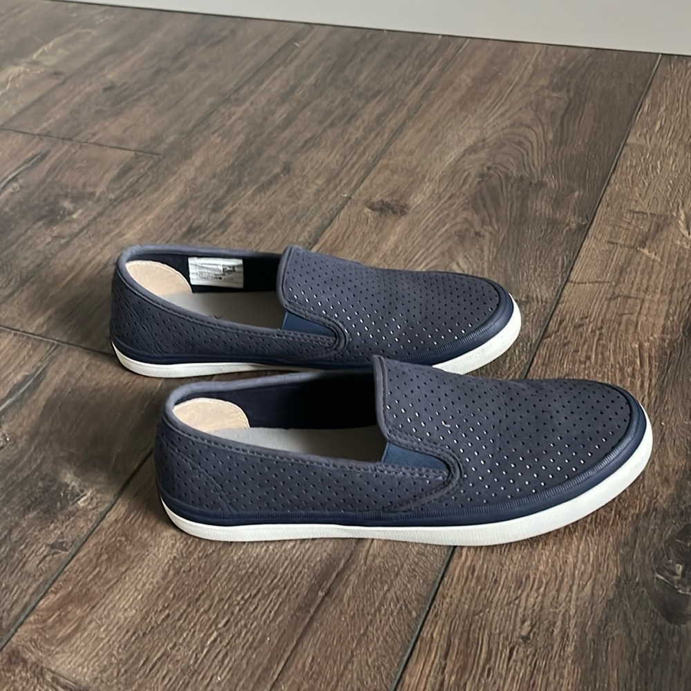 Slip on sneakers, navy perforated, suede, memory foam
